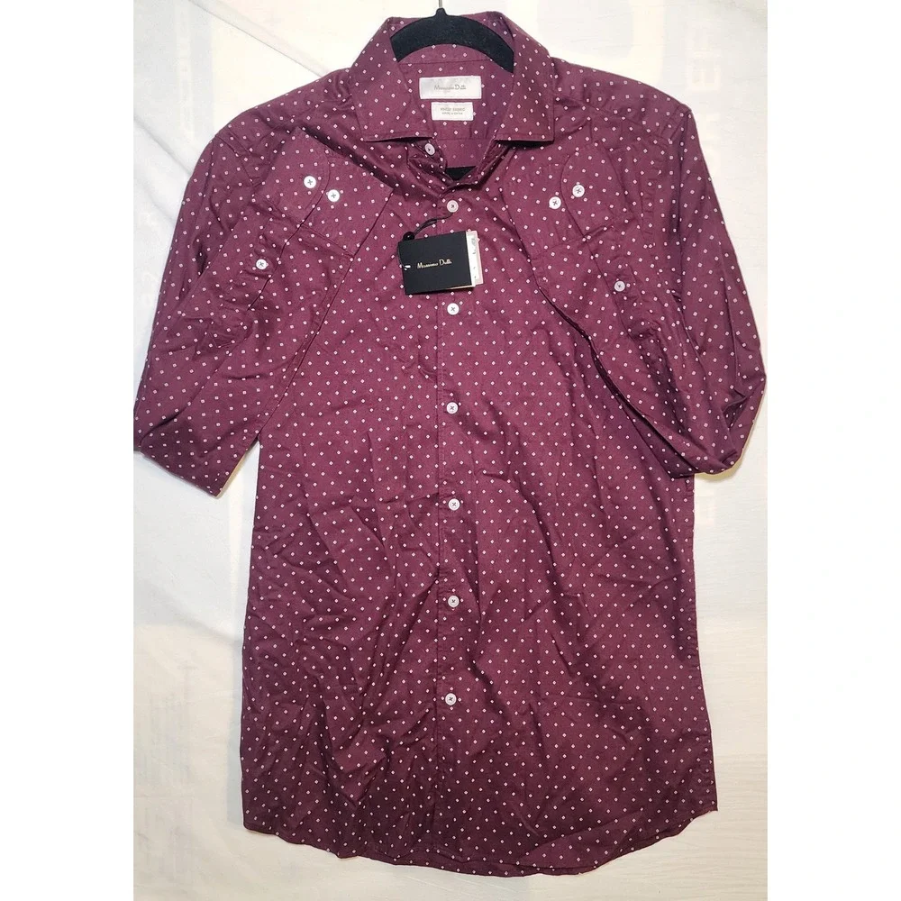 NWT Massimo Dutti Men Burgundy Dot Print Button Down Shirt Sz S Preppy Old Money